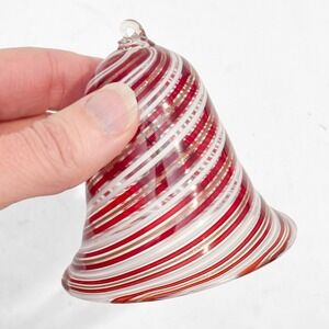 VTG Murano Glass Candy Cane Striped Christmas Bell Ornament Red & Gold Sparkle